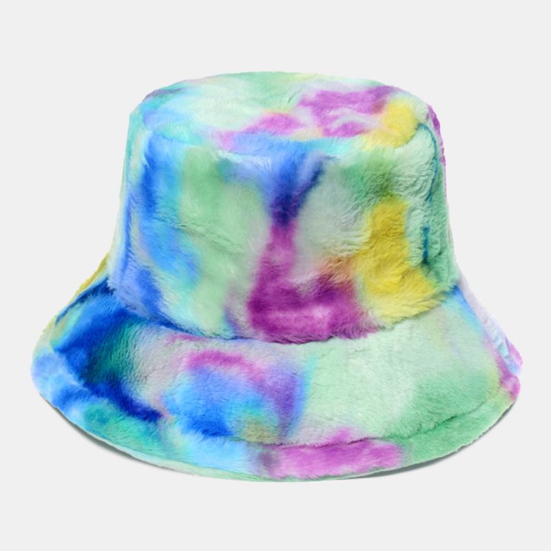 Kobiety Kolorowe Tie-dye Puszyste Zagęścić Zimowa Ciepła CZapka Typu Bucket Faux Rabbit Fur Outdoor Casual Wiatroszczelna CZapka Chroniąca Przed Chłodem