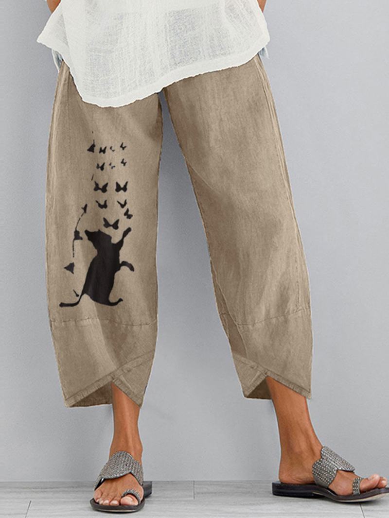 Kobiety Kot Kreskówka Butterfly Drukowanie Bawełniane Luźne Spodnie Z Elastyczną Talią I Przycięte Spodnie