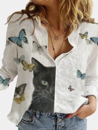 Kobiety Kot Kreskówka Butterfly Drukowanie Button Up Lapel Casual Koszule Z Długim Rękawem