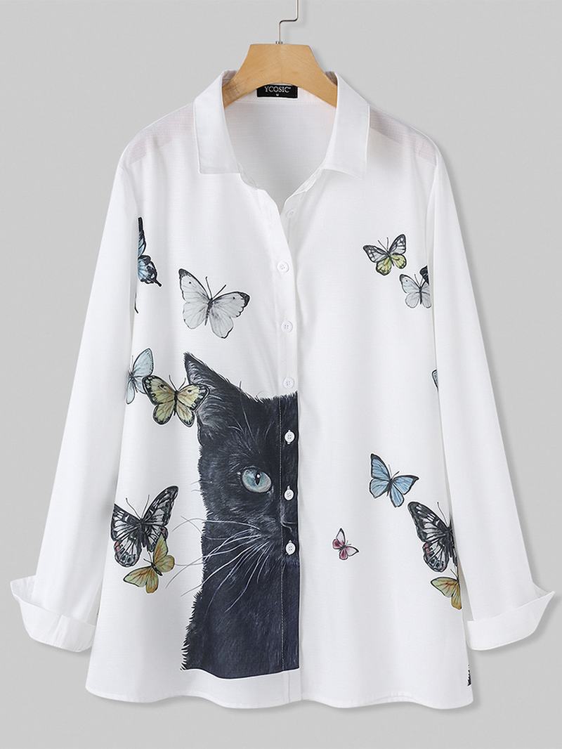 Kobiety Kot Kreskówka Butterfly Drukowanie Button Up Lapel Casual Koszule Z Długim Rękawem