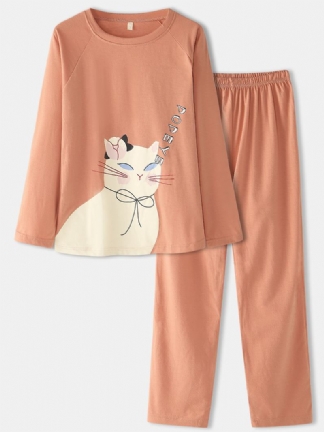 Kobiety Kot Kreskówkowy Jednolity Kolor Elastyczny Pas Luźne Spodnie Zestaw Piżam Domowych