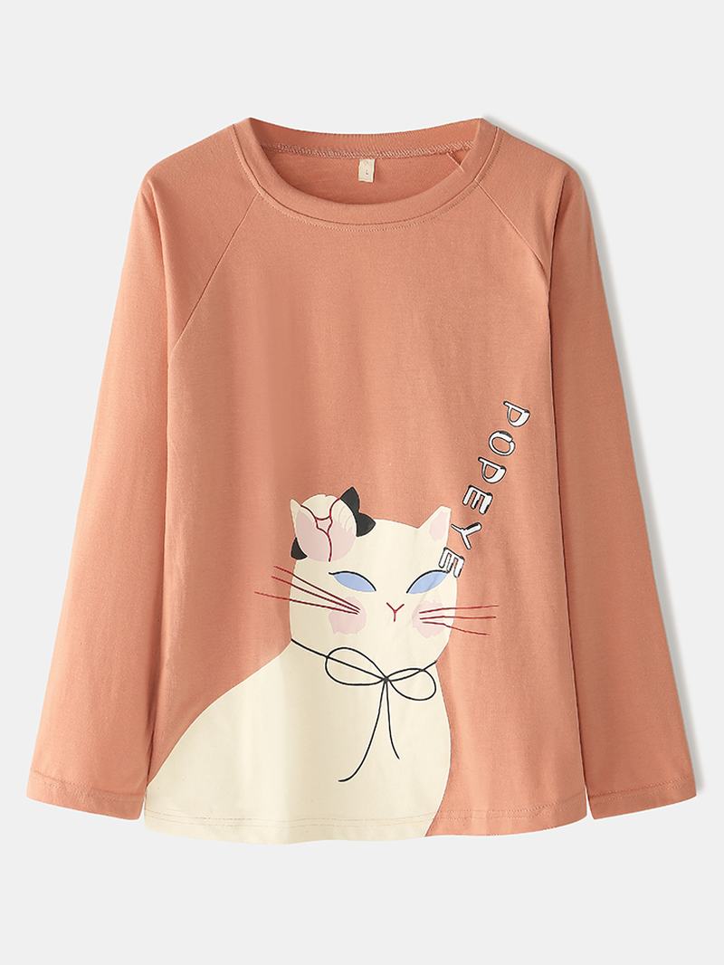 Kobiety Kot Kreskówkowy Jednolity Kolor Elastyczny Pas Luźne Spodnie Zestaw Piżam Domowych