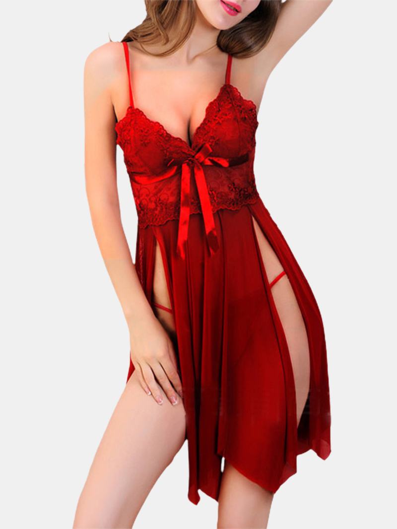 Kobiety Lace Bowknot Backless Solid Color Babydolls Koszule Nocne