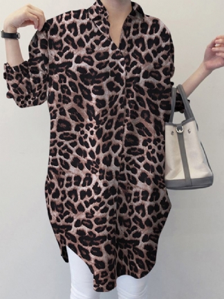 Kobiety Łączone Leopard Printed Side Widelec Turn-down-collar Button Kolano Długość Casual Shirts