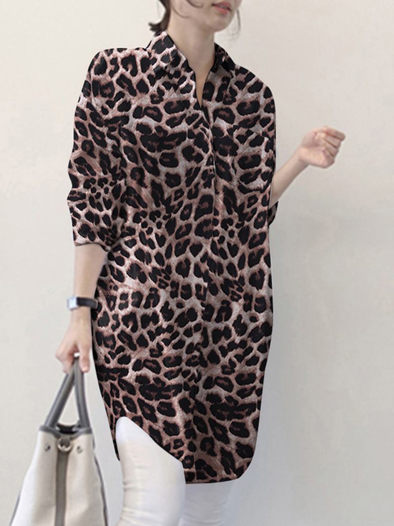 Kobiety Łączone Leopard Printed Side Widelec Turn-down-collar Button Kolano Długość Casual Shirts