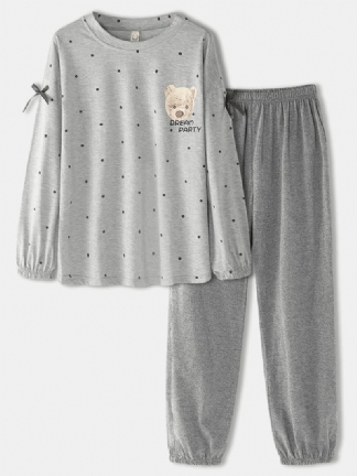 Kobiety Lalka Niedźwiedź Wzór Polka Dot Drukowanie Bluzy Z Długim Rękawem Spodnie W Pasie Domu Zestaw Piżamy