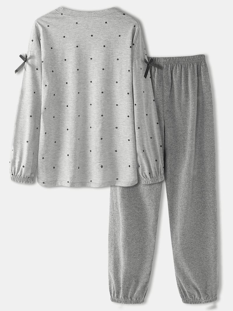 Kobiety Lalka Niedźwiedź Wzór Polka Dot Drukowanie Bluzy Z Długim Rękawem Spodnie W Pasie Domu Zestaw Piżamy