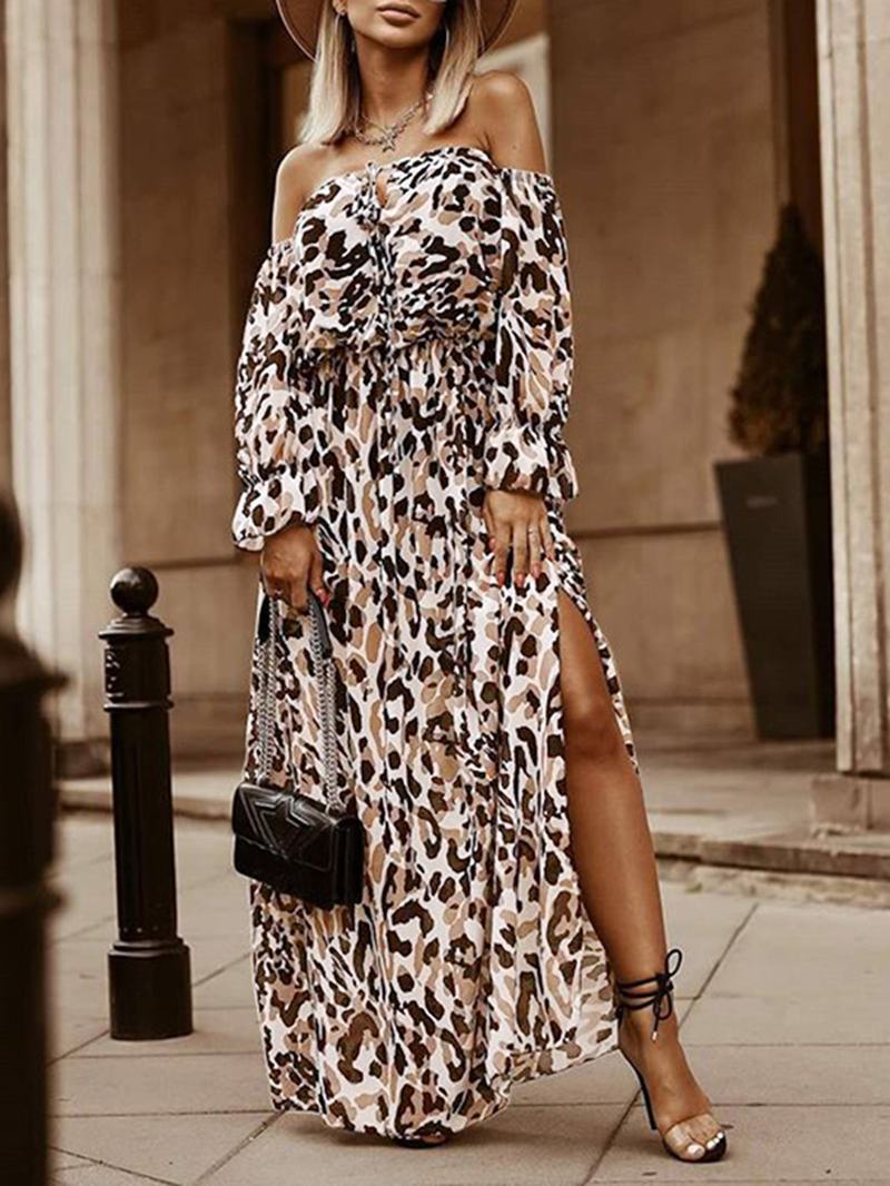 Kobiety Leopard Off Shoulder Udo Split Casual Sukienki Maxi Z Długim Rękawem