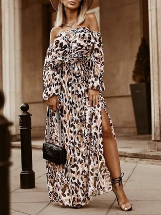 Kobiety Leopard Off Shoulder Udo Split Casual Sukienki Maxi Z Długim Rękawem