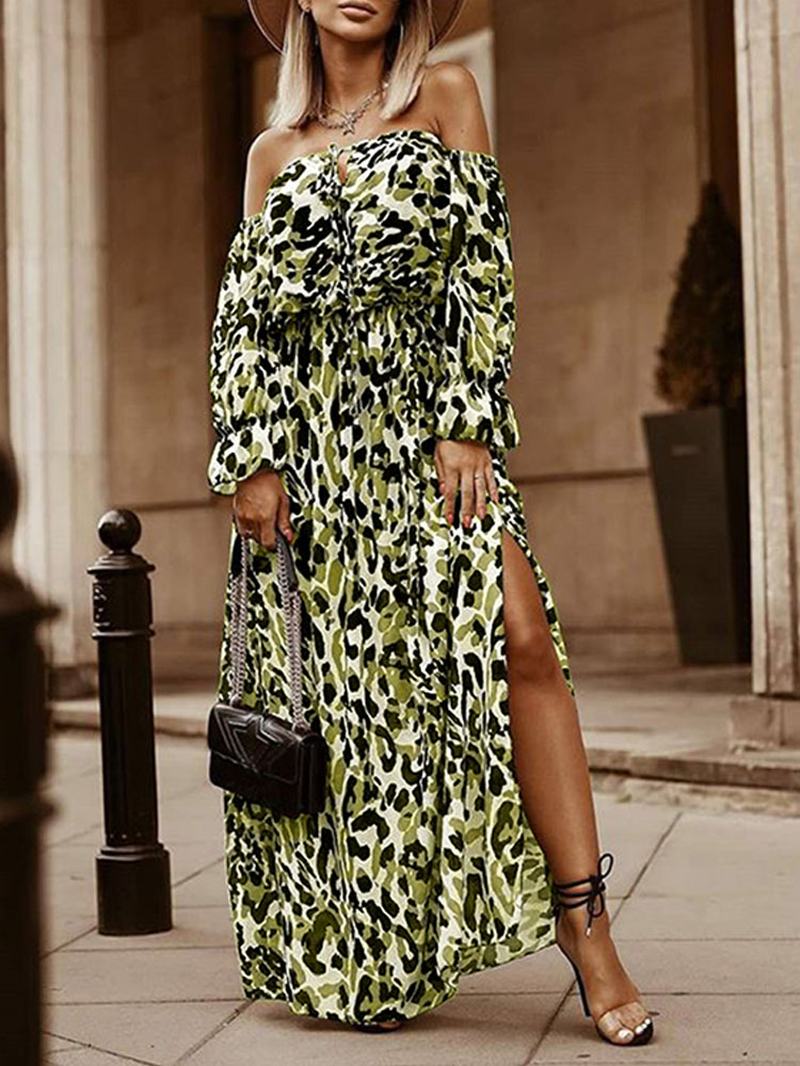 Kobiety Leopard Off Shoulder Udo Split Casual Sukienki Maxi Z Długim Rękawem