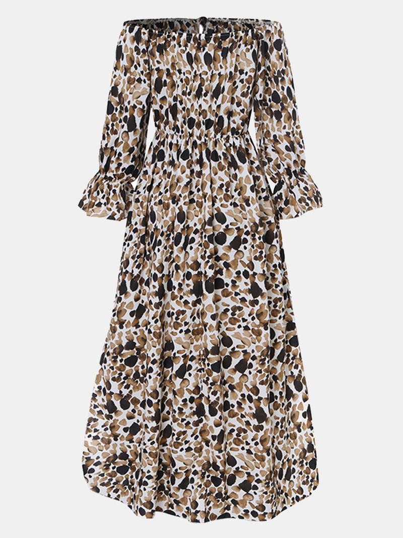 Kobiety Leopard Off Shoulder Udo Split Casual Sukienki Maxi Z Długim Rękawem