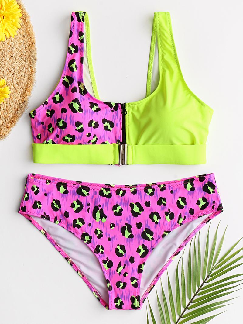 Kobiety Leopard Patchwork Bikini Z Przodu Na Zamek Błyskawiczny Stroje Kąpielowe Bez Pleców