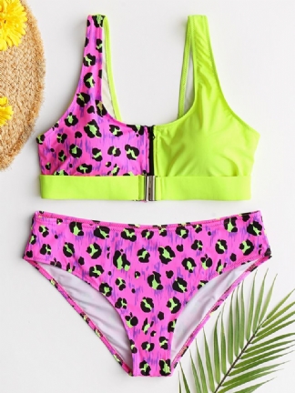 Kobiety Leopard Patchwork Bikini Z Przodu Na Zamek Błyskawiczny Stroje Kąpielowe Bez Pleców