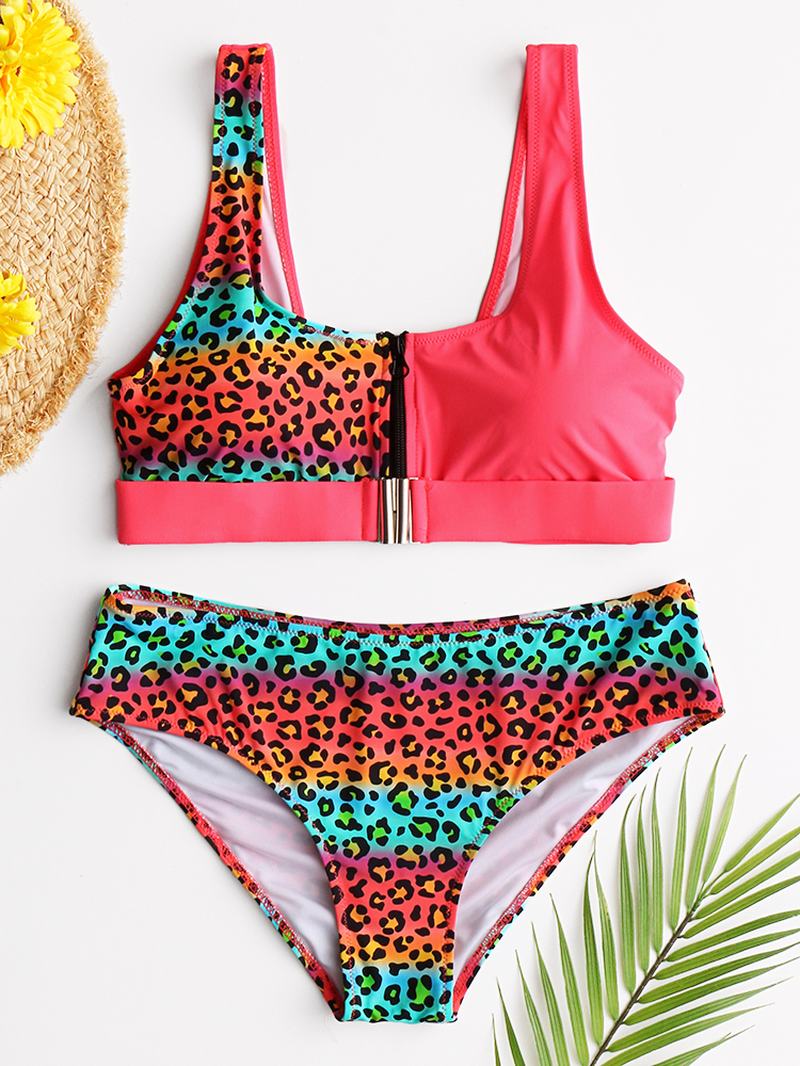 Kobiety Leopard Patchwork Bikini Z Przodu Na Zamek Błyskawiczny Stroje Kąpielowe Bez Pleców