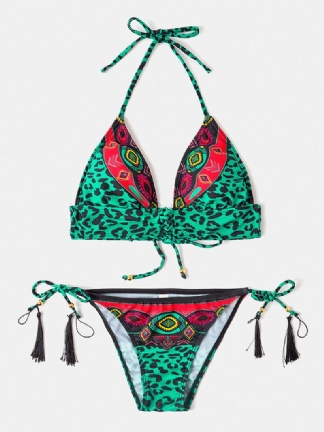 Kobiety Leopard Patchwork Etniczny Nadruk Halter String Bikini Stroje Kąpielowe Bez Pleców