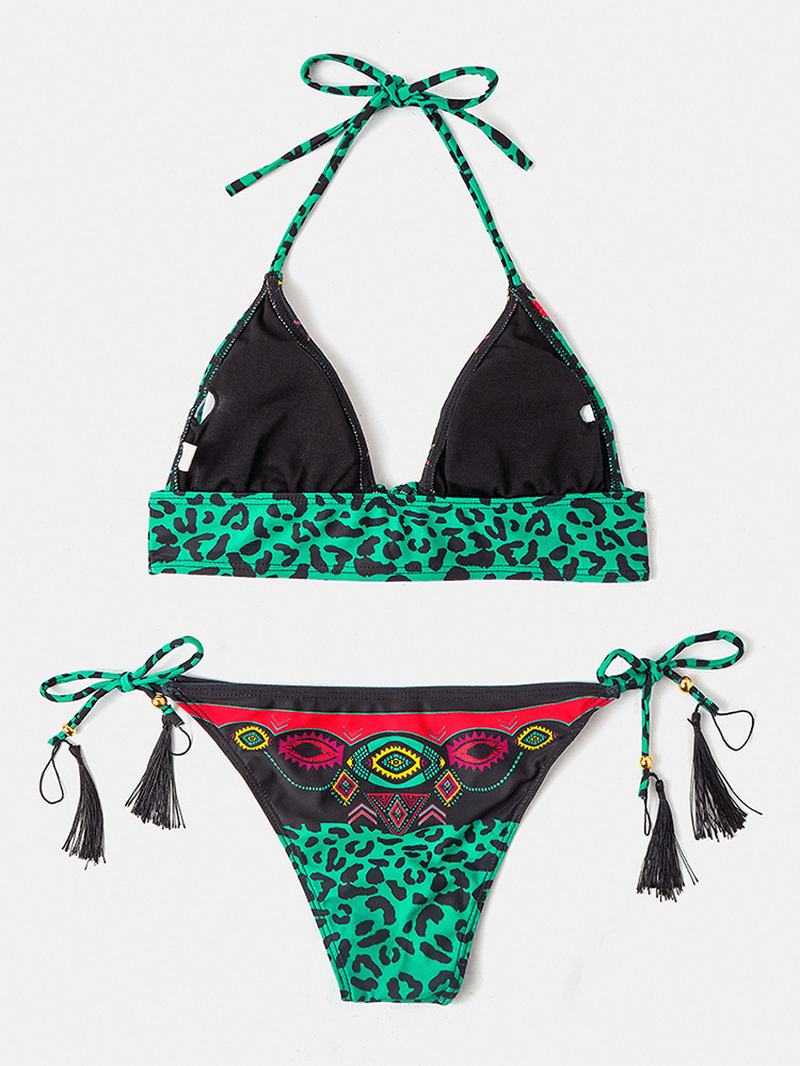 Kobiety Leopard Patchwork Etniczny Nadruk Halter String Bikini Stroje Kąpielowe Bez Pleców