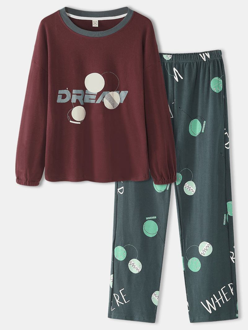 Kobiety Letter Dot Drukowanie Drop Shoulder Pullover Home Casual Piżama