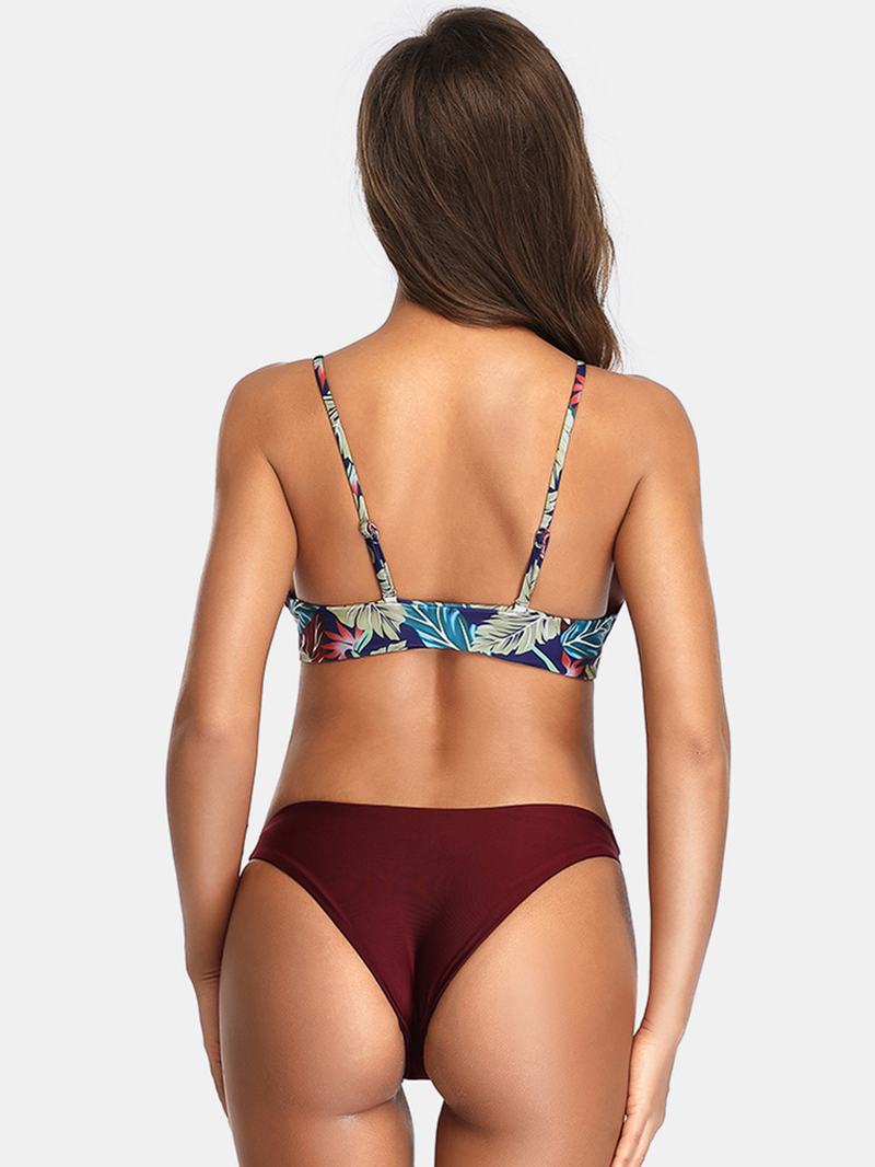Kobiety Liście Drukowane Trójkątne Regulowane Ramiączka Bez Pleców Gorące Stroje Kąpielowe Bikini