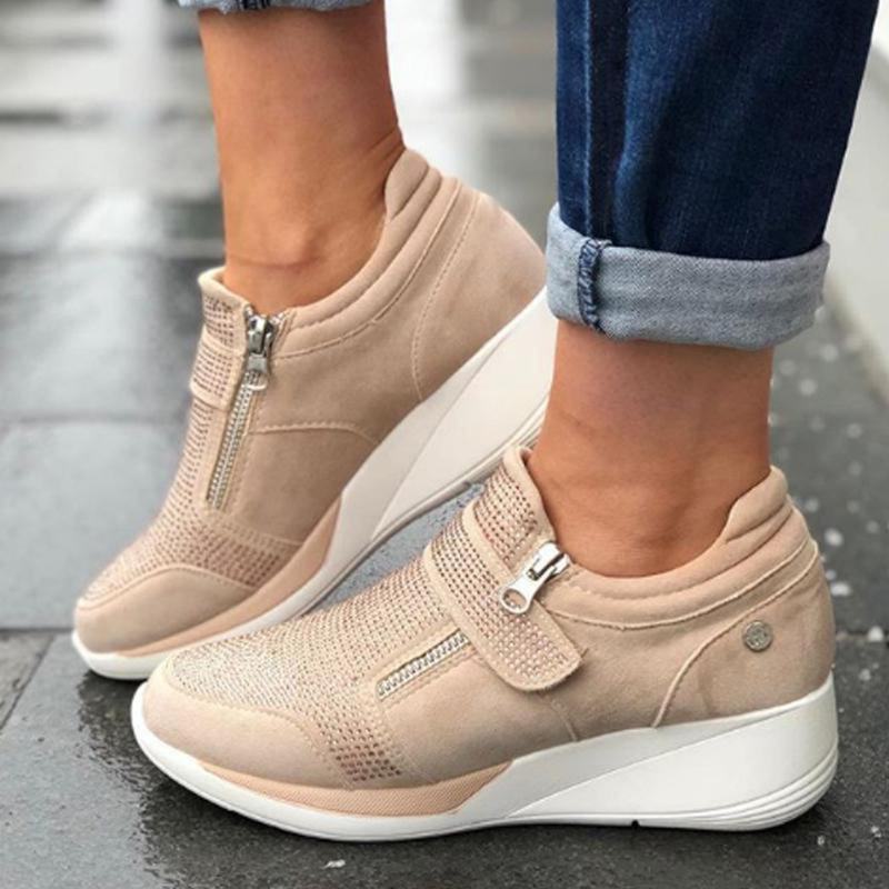 Kobiety Mesh Hook Loop Zipper Wedges Casual Sneakers