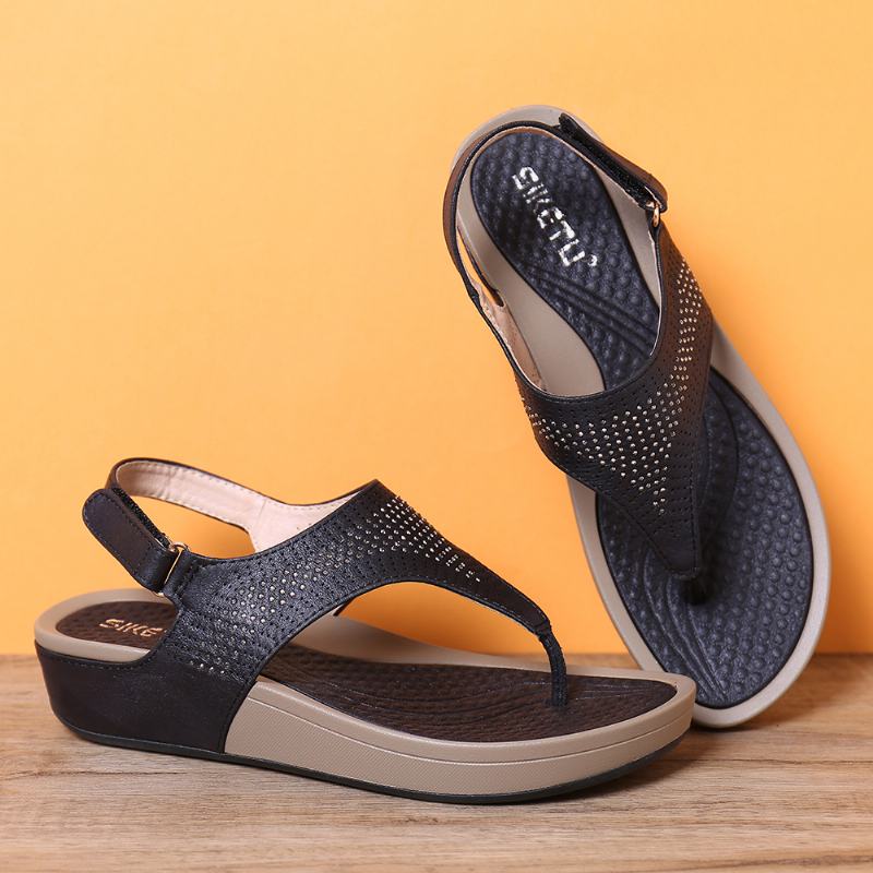 Kobiety Miękka Podeszwa Klip Toe Rhinestone Hook Loop Casual Summer Beach Wedge Sandały