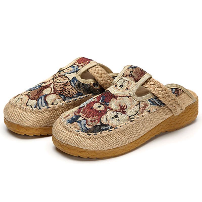 Kobiety Mieszkania Cartoon Flax Outdoor Haft Kapcie
