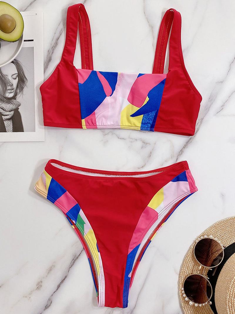 Kobiety Nieregularne Kolorowe Bloki Z Nadrukiem Patchwork Szerokie Ramiączka Bikini Swimsuit