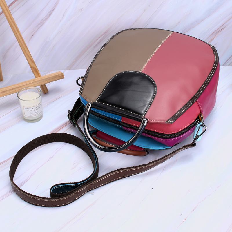 Kobiety Okrągła Torba Z Prawdziwej Skóry Patchworkowa Torba Crossbody Torebka Torba Na Ramię