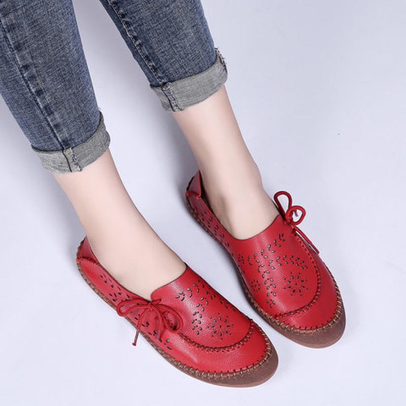 Kobiety Oryginalna Skóra Plus Rozmiar Oddychające Hollow Out Soft Sole Casual Flats Loafers