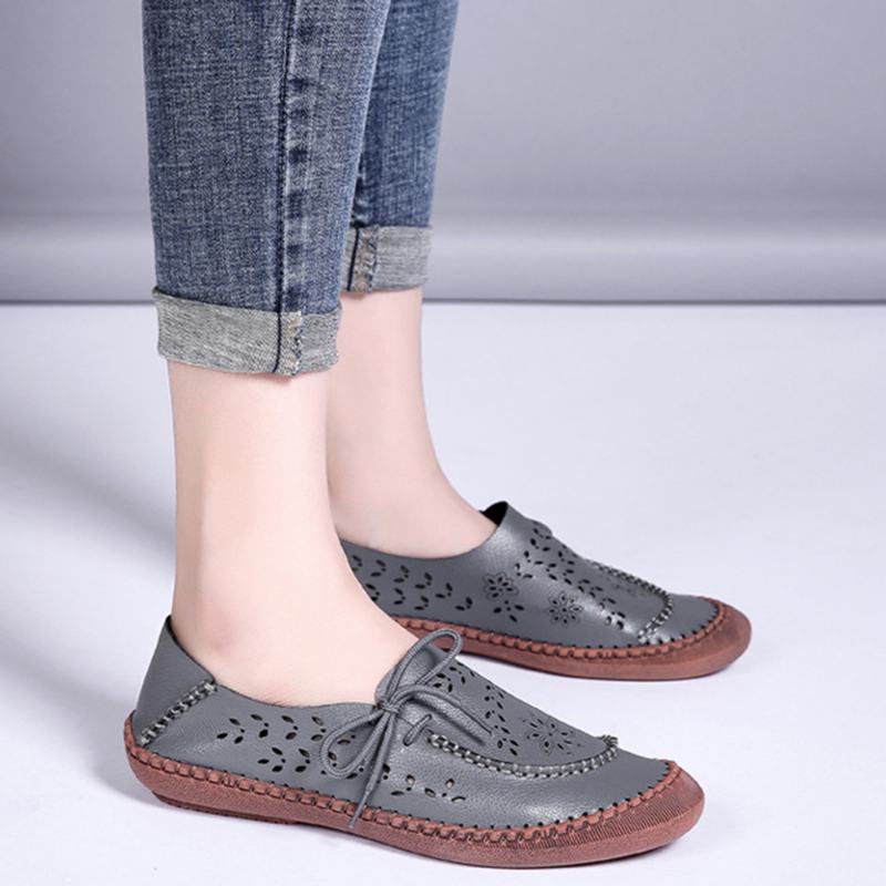 Kobiety Oryginalna Skóra Plus Rozmiar Oddychające Hollow Out Soft Sole Casual Flats Loafers