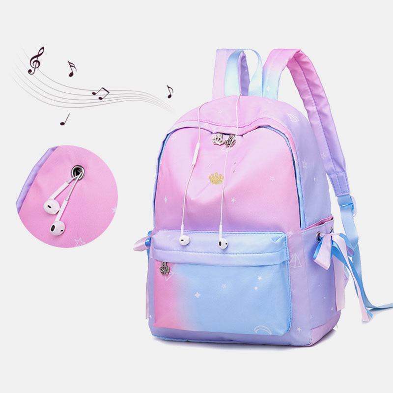 Kobiety Oxford Color Gradient Earphone Hole Bowknot Casual Studeng Bag Backpack