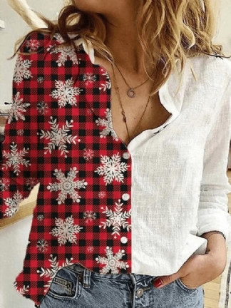 Kobiety Patchwork Plaid Snowflake Graphics Świąteczne Koszule Z Długim Rękawem