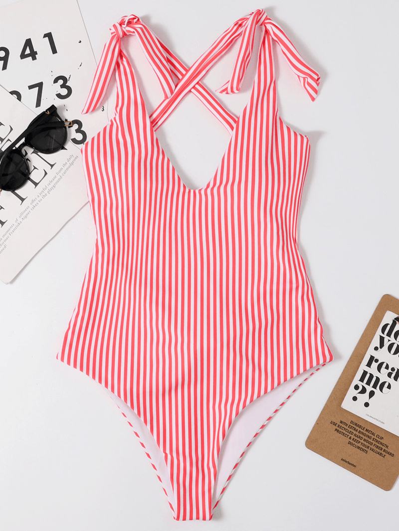 Kobiety Pinstripe Criss Cross Back Cute Bow Shoulder Jednoczęściowy Strój Kąpielowy Wyszczuplający