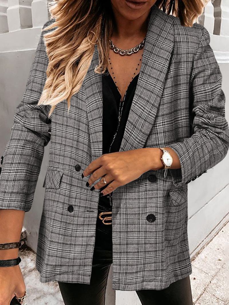 Kobiety Plaid Double Breasted Lapel Casual Cienkie Blazers Z Długim Rękawem