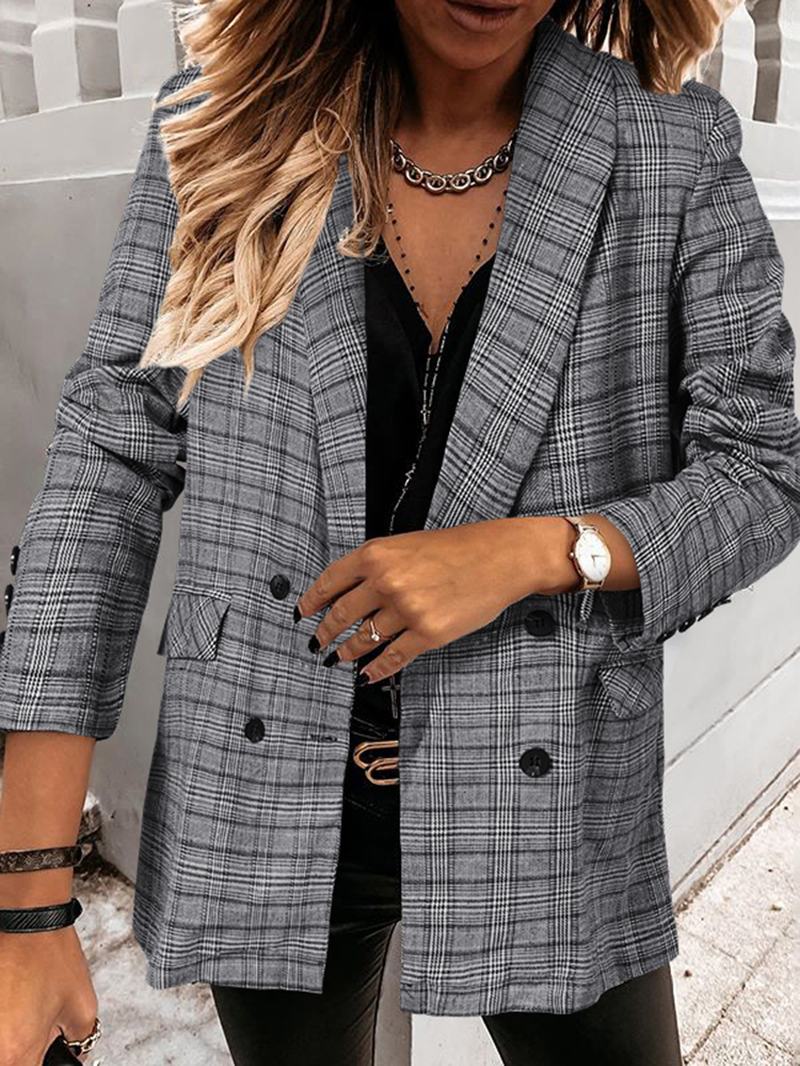 Kobiety Plaid Double Breasted Lapel Casual Cienkie Blazers Z Długim Rękawem