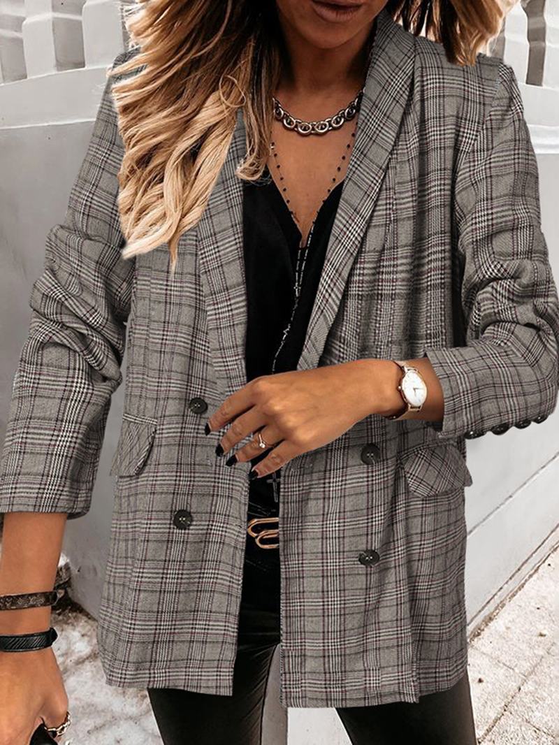 Kobiety Plaid Double Breasted Lapel Casual Cienkie Blazers Z Długim Rękawem