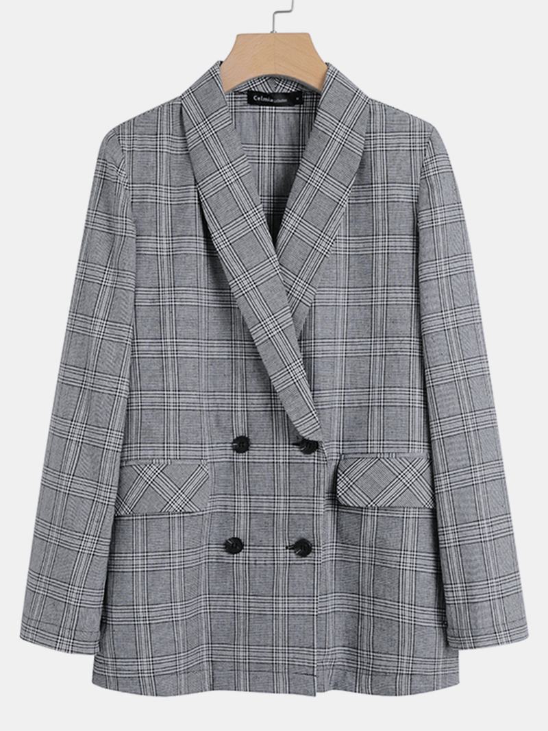 Kobiety Plaid Double Breasted Lapel Casual Cienkie Blazers Z Długim Rękawem