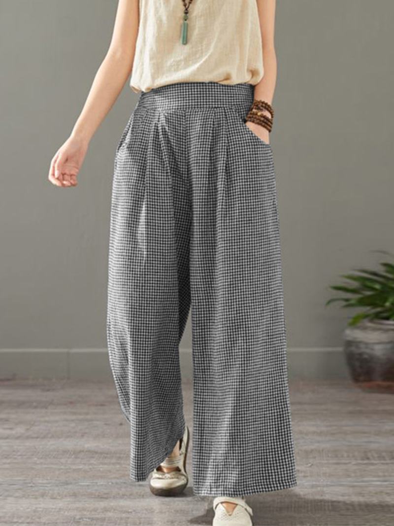 Kobiety Plaid Drukowanie Elastyczny Pas Vintage Casual Luźne Spodnie Z Szerokimi Nogawkami Z Kieszeniami