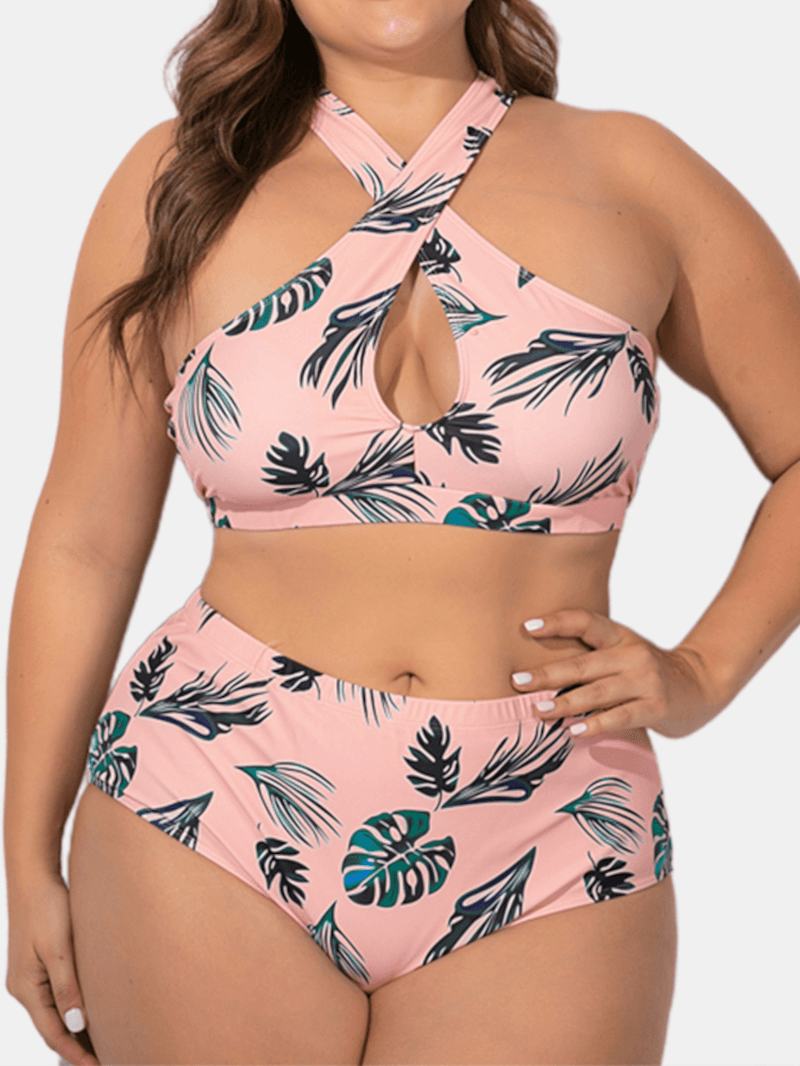 Kobiety Plus Rozmiar Criss Cross Strappy Printed Bikini Z Wysokim Stanem