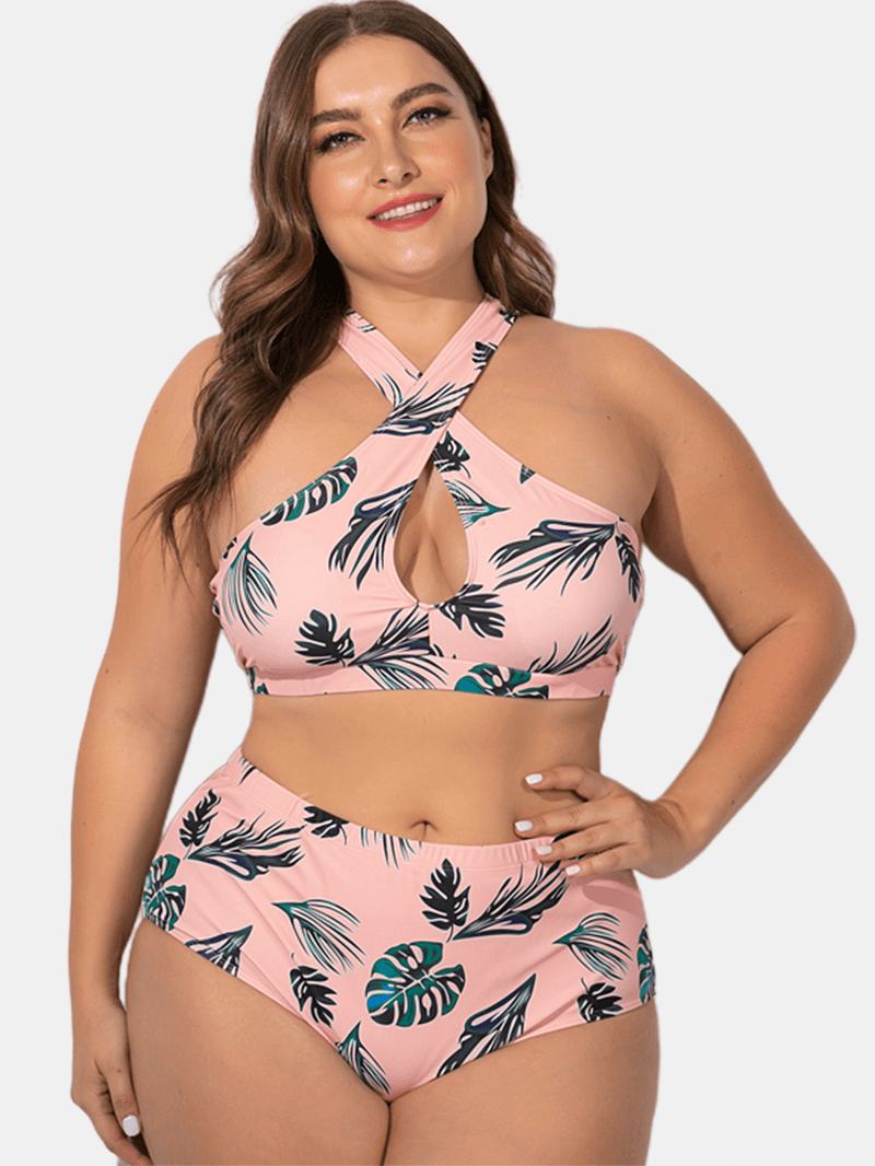 Kobiety Plus Rozmiar Criss Cross Strappy Printed Bikini Z Wysokim Stanem