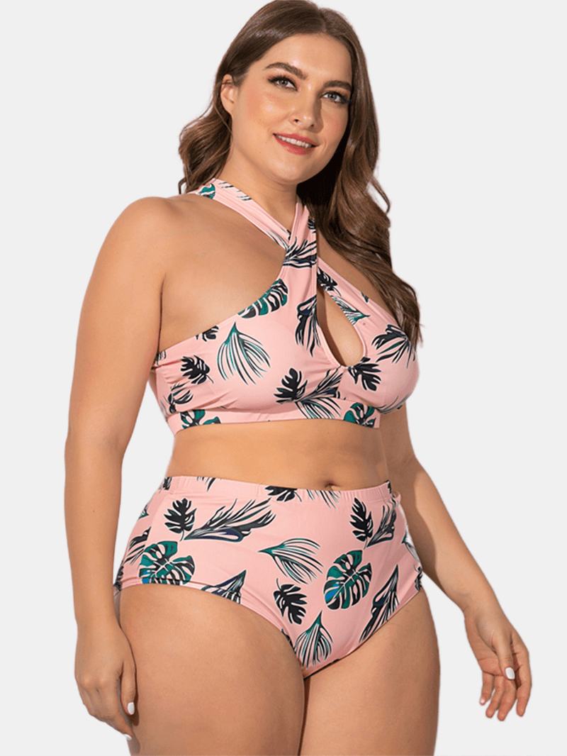 Kobiety Plus Rozmiar Criss Cross Strappy Printed Bikini Z Wysokim Stanem