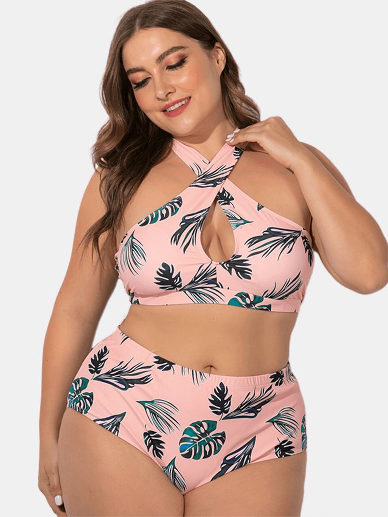 Kobiety Plus Rozmiar Criss Cross Strappy Printed Bikini Z Wysokim Stanem