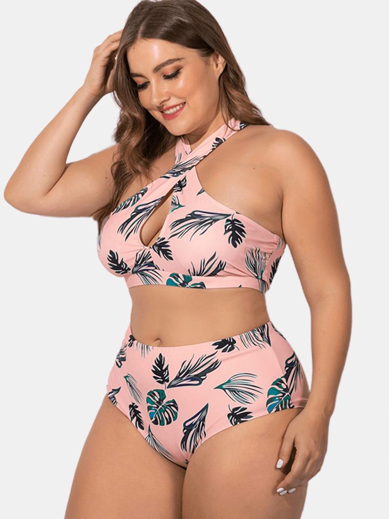 Kobiety Plus Rozmiar Criss Cross Strappy Printed Bikini Z Wysokim Stanem