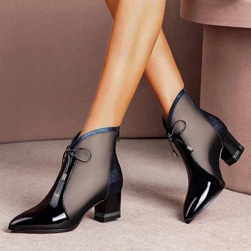 Kobiety Pointed Toe Bowknot Oddychająca Siatka Łączenie Casual Chunky Heel Boots