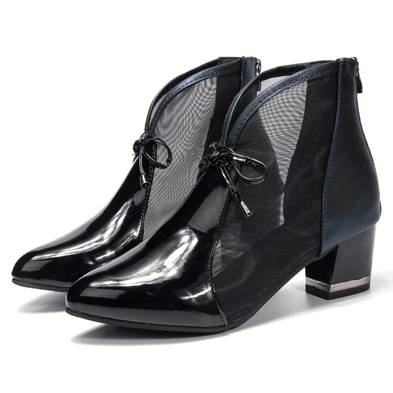 Kobiety Pointed Toe Bowknot Oddychająca Siatka Łączenie Casual Chunky Heel Boots