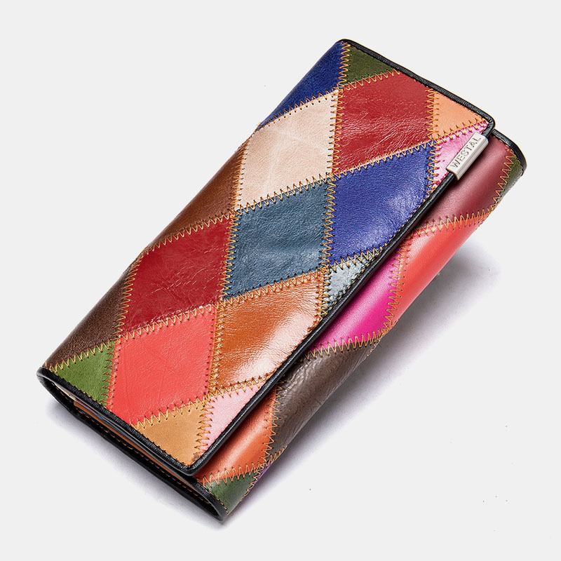 Kobiety Prawdziwa Skóra Bifold Kolorowy Geometryczny Wzór Multi-card Slot Karty Etui Na Pieniądze Klip Monety Kiesy Długie Portfele Sprzęgła