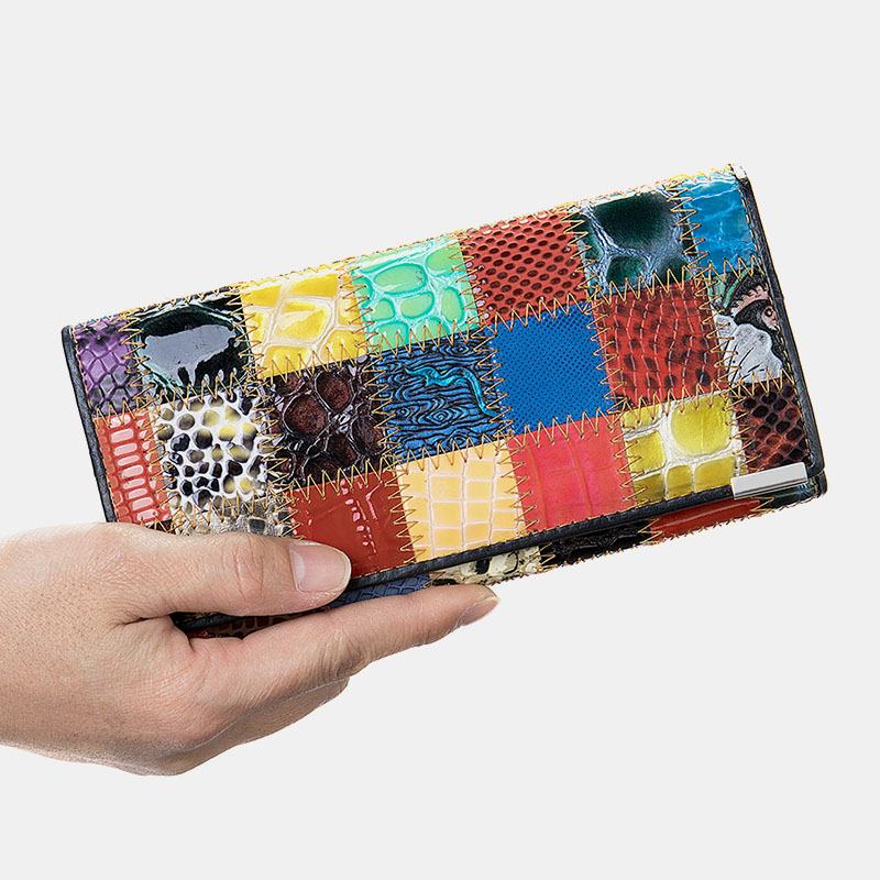 Kobiety Prawdziwa Skóra Bifold Kolorowy Geometryczny Wzór Multi-card Slot Karty Etui Na Pieniądze Klip Monety Kiesy Długie Portfele Sprzęgła