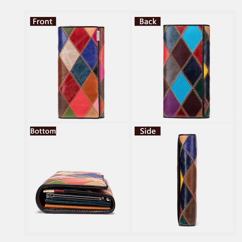 Kobiety Prawdziwa Skóra Bifold Kolorowy Geometryczny Wzór Multi-card Slot Karty Etui Na Pieniądze Klip Monety Kiesy Długie Portfele Sprzęgła