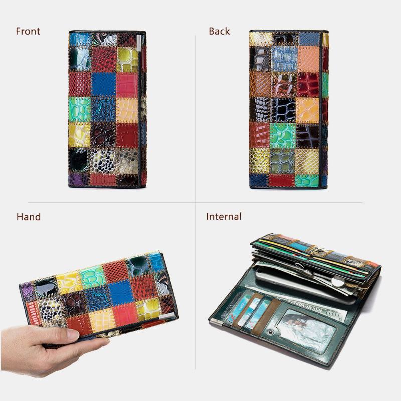 Kobiety Prawdziwa Skóra Bifold Kolorowy Geometryczny Wzór Multi-card Slot Karty Etui Na Pieniądze Klip Monety Kiesy Długie Portfele Sprzęgła