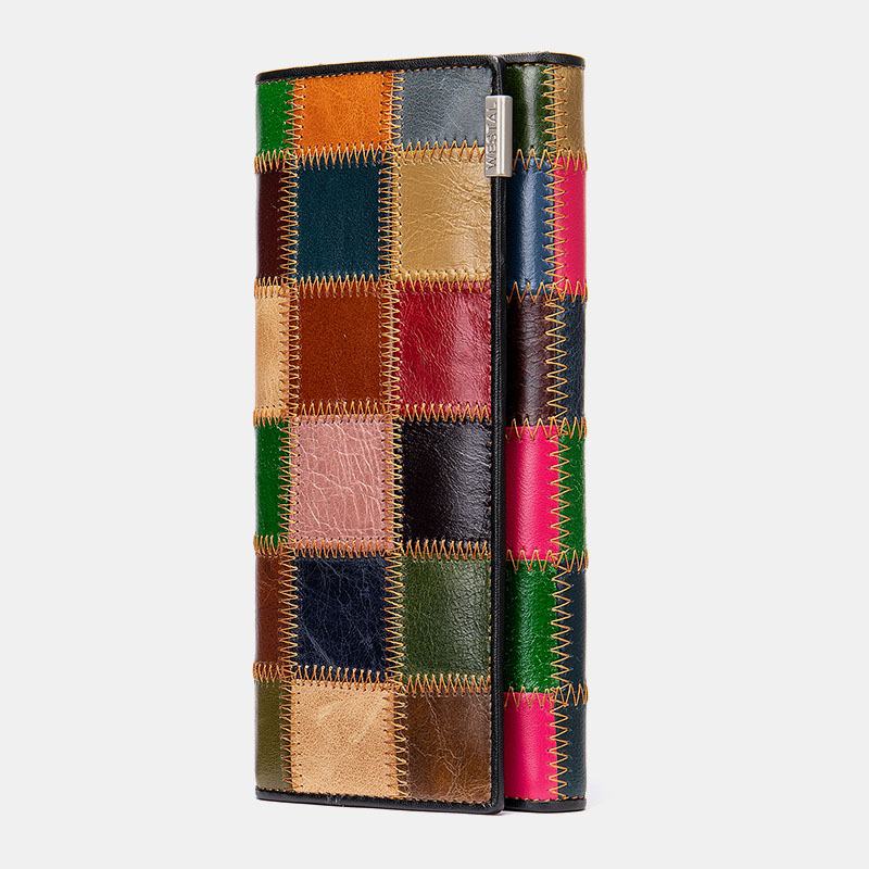 Kobiety Prawdziwa Skóra Bifold Kolorowy Geometryczny Wzór Multi-card Slot Karty Etui Na Pieniądze Klip Monety Kiesy Długie Portfele Sprzęgła