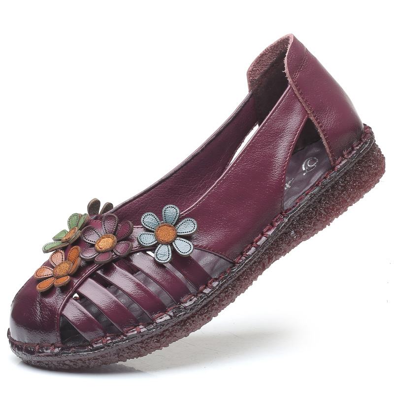 Kobiety Prawdziwa Skóra Oddychająca Dekoracja Kwiatowa Retro Slip On Soft Flats